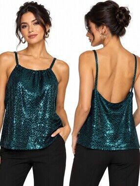 St. John Evening Metallic Teal Black Shimmer Tank Top Y2K Cocktail Medium